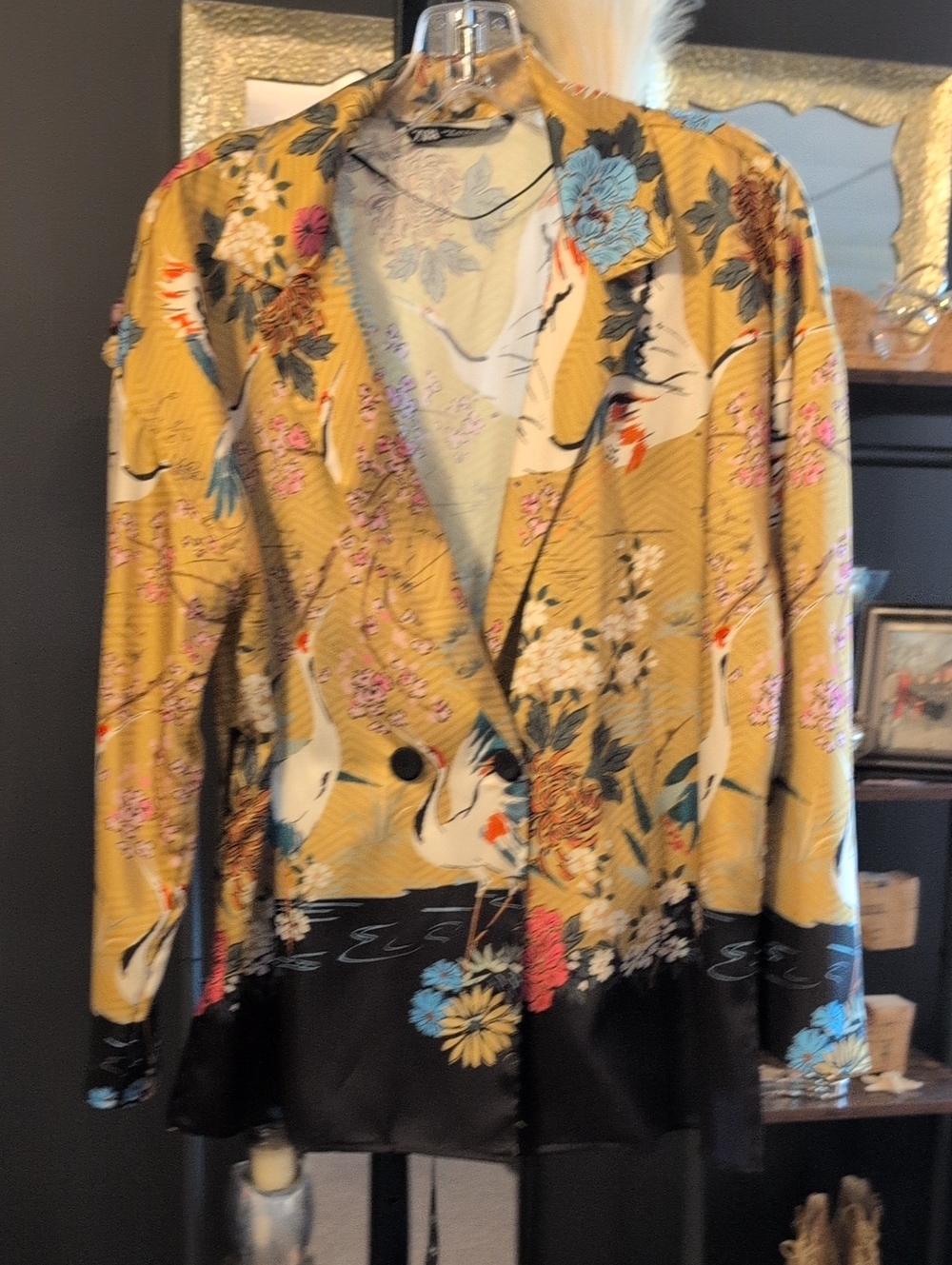 Zara Yellow Floral & Crane Blazer with Black Hem
